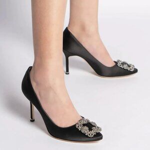Manolo Blahnik 70MM Crystal-Embellished Satin Pumps Black Size 34.5
